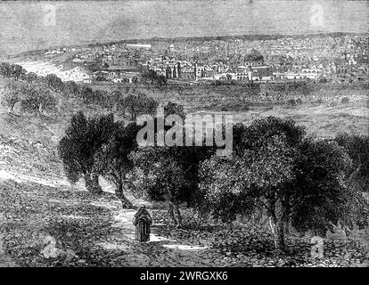 Jerusalem vom Ölberg - von einem Foto von Mr. F. Bedford, der den Prinzen von Wales auf seiner Tour durch den Osten 1862 begleitete. Mr. Bedford wurde ausgewählt, wie in jeder Hinsicht für den Posten des Royal Photographer geeignet... der Morgen, den er für seinen Blick auf die Stadt von dieser Kommandoposition ausgewählt hatte, stellte sich als sehr trüb heraus - ein glänzendes, schimmerndes Licht, das in der Luft und vor allem über der Stadt spielte. was er für fotografische Operationen verhängnisvoll hielt, aber er war angenehm überrascht, dass selbst im ersten negativ der eigentliche Charakter des weichen, orientalischen ha-Charakters war Stockfoto