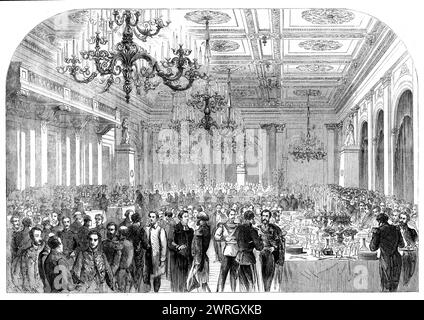 Bankett an der Börse Gottenburg anlässlich der Eröffnung der Bahnstrecke zwischen Gottenburg und Stockholm - nach einer Skizze unseres besonderen Künstlers, 1862. "...es gab einen Ball an der Börse, an dem etwa 1500 Damen und Herren teilnahmen. Am folgenden Abend wurde ein Bankett im selben großen Salon serviert. Der König [Karl XV. Von Schweden und Norwegen], Prinz Oscar, Prinz August und alle hohen Würdenträger des Staates sitzen am oberen Ende des Raumes, die restlichen Gäste, in der Zahl um 600, nahmen an den anderen Tischen zu Abend. Es folgte ein Konzert im Theater Stockfoto