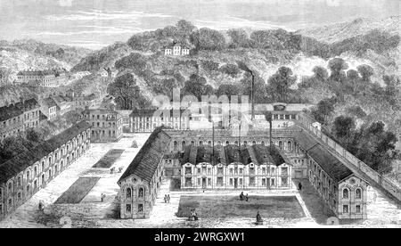 Die neue S&#xe8;Vres Porzellanmanufaktur im Park von St. Wolke [in Frankreich]: Vogelperspektive der Werkstätten, 1864. "1. Backöfen für das Porzellan; 2. Mühlenräume; 3. Abteilung Lackierung und Vergoldung; 4. Maschinenraum; 5. Lackierabteilung; 6. Büros der Innenverwaltung; 7. Die Büros der Verwaltung; 8. Die ehemalige Manufaktur bei S&#xe8;vres'. Aus Illustrated London News, 1864. Stockfoto