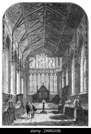 Blick auf das Merton College, Oxford: The Chapel, 1864. Die Kapelle, ein eigenartiges Gebäude von großer Schönheit, die alte Pfarrkirche von St. Johannes der Täufer ist bis heute sowohl kirchlich als auch kollegial, nach den Bedingungen seiner ursprünglichen Aneignung an die Gesellschaft. Das Gebäude besteht aus dem Chor, den Querschiffen und dem Turm, wobei letzterer ursprünglich das Zentrum eines Kreuzes bilden sollte; das Schiff und die Seitenschiffe wurden jedoch nie fertiggestellt. Neben der Kirche befinden sich die Überreste der alten Lady Chapel, St. Mary's, die alte Kirche. Obwohl es nacheinander eine Kapelle oder Chan war Stockfoto