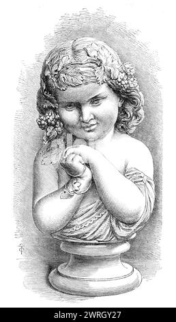 The Hop Queen, Skulptur von G. Halse, in der Ausstellung der britischen Institution, 1864. '...it ist keine Porträtbüste... Aber die Schönheit der Formen rechtfertigt es, dass sie so klassifiziert ist, dass sie so viel Treue zur Natur hat, und die Krönung eines Kindes mit den anmutigen Hopfenbälgen (wie Kinder mit Weißdorn gekrönt werden, "May Queens" in einer anderen Jahreszeit) ist so einfach und wahrscheinlich ein Vorfall rustikalen Lebens, dass das Werk des Bildhauers ebenso legitim als Studie direkt aus der Natur betrachtet werden kann, ohne Behandlung oder Idealisierung irgendeiner Art... die Büste... REC Stockfoto