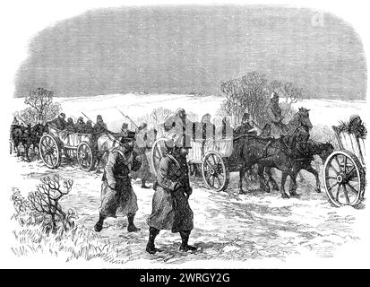 Der Schleswig-Krieg: Verletzte Österreicher auf der Straße nach Rendsburg, nach der Schlacht bei Ober-Selk, 1864. "Seit Montag mussten 15.000 Österreicher und ebenso viele Preußen unter freiem Himmel Biwakie machen. Das Land zwischen Breckendorf und Ober-Selk war von der düstesten und unwirtlichsten Beschreibung. Meilenweit war kein Baum zu sehen. Es gab keine Hecken, da die Dänen das niedergerissen hatten, was es vorher gab, um sich zurückzuziehen. Die Dörfer und Bauernhäuser sind wenig zahlreich und in großer Entfernung voneinander. Die Bewohner der Bauernhäuser waren alle seit Ende der letzten Woche geflohen, an Stockfoto