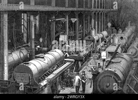 Stephensons Lokomotivmanufaktur in Newcastle-on-Tyne: The Fitting Shop, 1864. '...ein Blick auf das große Gebäude, das "Fitting Shop" genannt wird. Hier werden, nachdem alle Teile der Lokomotive gebaut und fertiggestellt wurden, jeder in seiner eigenen Abteilung, alle von einer hochqualifizierten Klasse von Arbeitern, die Monteure genannt werden, zusammengeführt und in ihre jeweiligen Positionen gebracht. Unter den Händen dieser Männer wächst die Lokomotive schnell; der Rahmen wird zusammengesetzt; die Arbeit des Kesselherstellers findet ihren Platz; Kurbel- Achse und Zylinder nehmen die richtige Position ein; pi Stockfoto