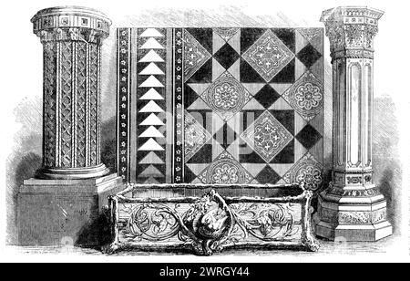 The International Exhibition: Architectural Clay Manufactures of the Shropshire Coalfields, 1862. Der enkaustische Pflaster in der Mitte is...in Farbe rot, schwarz und cremegelb. Der äußere Rand hat das Ornament cremefarbene auf schwarzem Grund, dann kommt ein Breitband des dezenten Rot (indisches Rot), dann gibt es cremefarbene Dreiecke auf schwarzem Grund... der äußere Rand wird wiederholt, dann folgt der zentralen Füllung, die aus einfachen schwarzen dreieckigen Fliesen, einfachen roten Fliesen der gleichen Form und quadratischen roten Fliesen mit cremefarbenen Verzierungen besteht. Das ist einer dieser erfolgreichen Straßenbeläge, auf denen man sich befindet Stockfoto