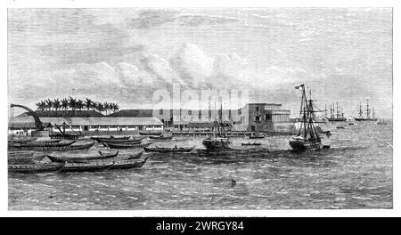 Das Zollhaus und der innere Hafen, Colombo, Ceylon [jetzt Sri Lanka], 1864. Kupferstich nach einer Fotografie von Slinn and Co. "Die europäische Hauptstadt Ceylon ist in der Tat kein Ort des Seeverkehrs, ihr Hafen bietet nur leichten einheimischen Schiffen Schutz, während die größeren Schiffe, die vor Anker gehen, Katastrophen durch die Gewalt des Monsuns ausgesetzt sind. In der Nähe der Zimtgärten verdankte Colombo seine Auswahl im 16. Jahrhundert den Portugiesen und den Niederländern, deren Regierung dort zu einem späteren Zeitpunkt gegründet wurde. Kaffee, das hat es jetzt Stockfoto