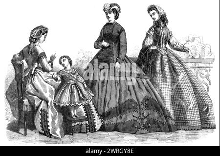 Pariser Mode für Oktober 1864. „Abb. 1. Abendkleid. Gewand aus weißem Alpaka, verziert mit schwarzer Spitze... Musselin Chemisette, mit Kragen und Bündchen aus besticktem Musselin. Das Kopfkleid besteht aus einem breiten Entredeux, der mit schmaler Guipure über rosaroter Seide geschmückt ist und mit einer rosaroten Seidenschleife und -Enden endet. Abb. 2. Kleide dich für einen kleinen Jungen. Nankeen-Bluse mit niedrigem Hals, mit schwarzem Kammgeflecht besetzt; die abgerundeten Zähne am Rand des Rockes sind mit schwarzer Bindung eingefasst. Weite Ärmel, mit einem Band, das von der Schulter abfällt...Abb. 3. Kleide dich für eine junge Dame. Kariert Stockfoto