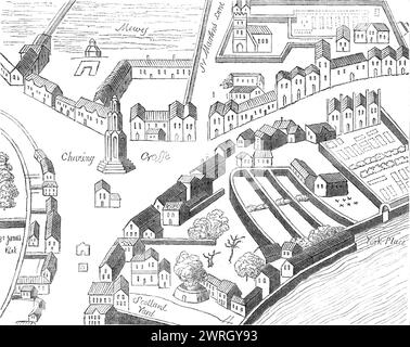 Old Charing-Cross, aus Aggas Plan von London, 1864. "Charing-Cross, das große Gebiet an der Begegnung von Strand, Whitehall und Cockspur-Straße mit Trafalgar-Platz im Norden, erhielt den letztgenannten Teil seines Namens von dem Steinkreuz, das dort (1291-94) an Eleanor, Königin von Eduard I. errichtet wurde; und war die letzte Ruhestätte ihrer Überreste auf dem Weg von Northampton zu ihrem letzten Revier in der Westminster Abbey. Die Etymologie von Charing bleibt unberücksichtigt. Die fantasievolle Vorstellung, dass sie ihren Namen dem oben genannten Umstand verdankt, abgeleitet von ch&#xe8;re reine [liebe Königin], ist m Stockfoto