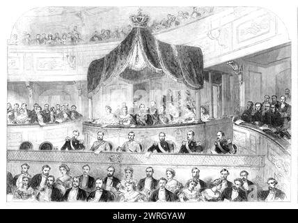 Besuch des Prinzen und der Prinzessin von Wales in Schweden:...im Theatre Royal, Stockholm - von einem Entwurf unseres besonderen Künstlers, 1864. Der spätere König Eduard VII. Und Königin Alexandra in Skandinavien. "...die königliche Partei... kam rechtzeitig an, um den letzten Akt der schwedischen Version von "die Tochter des Regiments" zu sehen. ... Fünf Reihen von Kisten ragen übereinander an die Decke, die Dekorationen sind rein weiß und Gold... das Publikum erhob sich unmittelbar am Eingang der königlichen Party, und das Orchester spielte die Nationalhymne, die so sehr unserer eigenen ähnelt, dass sie kaum distanziert ist Stockfoto