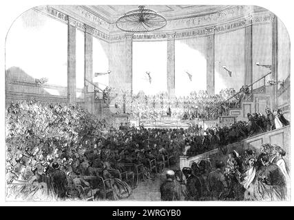 The Social Science Congress in New York: Lord Brougham, der Präsident, hielt seine Rede im Festival Concert-Room, 1864. Henry Peter Brougham, 1. Baron Brougham and Vaux, war ein britischer Staatsmann, der Lord High Chancellor wurde und eine bedeutende Rolle bei der Verabschiedung des Reform Act 1832 und des Slavery Abolition Act 1833 spielte. Er war einer der Gründer der National Association for the Promotion of Social Science. Aus Illustrated London News, 1864. Stockfoto