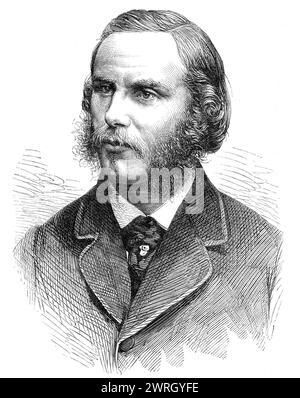 Die Mover und Seconders der Adressen in beiden Kammern des Parlaments: Lord Abercromby, 1864. Kupferstich aus einer Fotografie von John und Charles Watkins. George Ralph, Baron Abercromby, aus Aboukir und Tullibody ist der älteste Sohn von George Ralph, Second Baron; er wurde 1838 geboren und folgte 1852. Im selben Jahr heiratete er Julia Janet Georgiana, die einzige Tochter des damaligen Viscount Duncan, heute Earl of Camperdown, und eine Enkelin des berühmten Marinekommandeurs Lord Duncan. Bisher, wie wir glauben, ist seine Lordschaft nicht vor dem House of Lords in erschienen Stockfoto