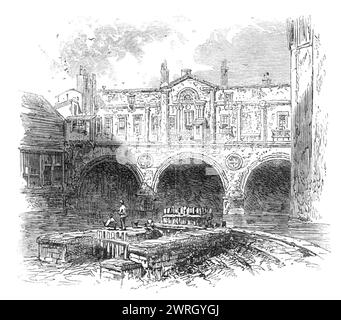 British Association at Bath: Pulteney-Bridge, 1864. Diese bemerkenswerte Brücke, die 1770 erbaut wurde, ist nach ihrer Zufahrt zur Pulteney-Straße und den Gebäuden benannt, die gerade in Bathwick entstanden sind. Von den parallelen Häuserlinien, die auf beiden Seiten gebaut wurden, und der ununterbrochenen Ebene der Straßen, die sie verbindet, ging ein Fremder entlang der Brückenstraße, ohne sich dessen bewusst zu sein, dass er den Avon überquerte, der unter ihm fließt. Von unten aus wird der Charakter der Brücke - wie in unserer Abbildung dargestellt - als vorteilhaft angesehen. Es ist vielleicht das Rialto von Bath und hat einen Stockfoto