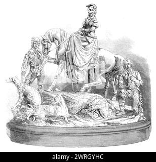 Der Doncaster Race Cup, 1864. Pferderennen-Trophäe '...from die Gründung von Messrs. R. und S. Garrard and Co., vom Haymarket. Das Design besteht aus einer Gruppe von Figuren, die eine Hawking Party in der Zeit der Kavaliere darstellen. Die Hauptfigur ist eine Dame, die zu Pferd ist; im Vordergrund steht ein Begleiter, der zwei Hunde anführt, und an der Seite der Dame ist ein anderer Begleiter, der den Falken hält. Aus Illustrated London News, 1864. Stockfoto