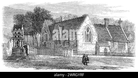 St. Mary's National Schools und neuer Trinkbrunnen in Chatham, [in Kent], 1864. Gravur von einem Foto von Mr. R. Taylor. Der öffentliche Trinkbrunnen diente als Gedenkstätte für den verstorbenen Prinzen und als Antwort auf ein Ende des großen öffentlichen Nutzens. Diese Schulen, die für die Bevölkerung der Mutterkirche von Chatham bestimmt waren, wurden im Jahr 1860 errichtet. Die Gebäude, die drei Schulräume umfassen, ein Klassenzimmer, und das angrenzende Wohnhaus für die Lehrer, und die Unterkunft für ca. 300 Kinder, kostet ungefähr £2400 - das hier Stockfoto