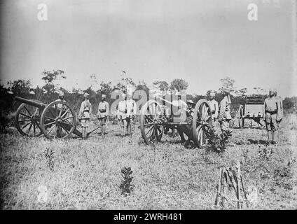 Kampagne in Deutsch-E.-Afrika zwischen 1915 und 1918. Afrikanische Soldaten mit Kanonen und europäische Offiziere während des Ostafrikanischen Feldzugs während des Ersten Weltkriegs Stockfoto