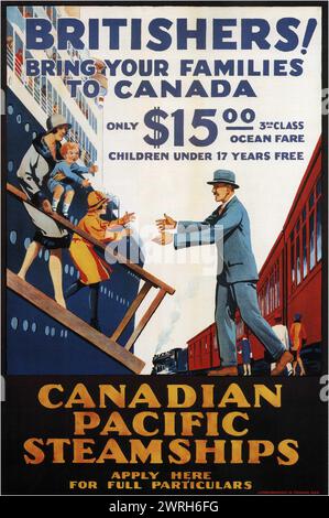 Kanadisches Vintage-Poster. Wir laden Britishers ein, Ihre Familien nach Kanada zu bringen, mit dem Canada Pacific Steamship, ca. 1930er Jahre Zeigt eine Familie, die mit dem Boot ankommt und zum Zug fährt, wahrscheinlich in Halifax. Stockfoto