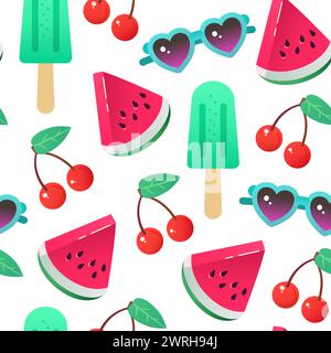 Lebhaftes süßes nahtloses Muster für den Sommer mit Wassermelone, Sonnenbrille und Eiscreme. Vektorabbildung Stock Vektor
