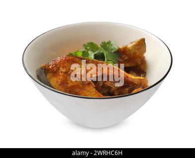 Leckeres Fischcurry auf weißem Hintergrund. Indische Küche Stockfoto