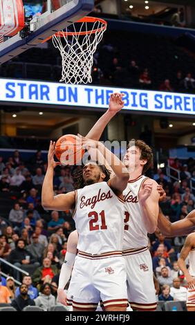 12. März 2024: Boston College Eagles Stürmer (21) Davin McGlockton stürzt während eines ACC Männer Basketball Turniers zwischen den Miami Hurricanes und den Boston College Eagles in der Capital One Arena in Washington, DC Justin Cooper/CSM Stockfoto