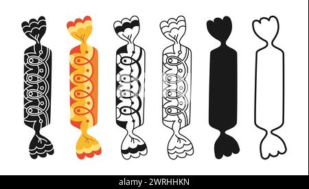 Eingewickelte Süßigkeiten mit Doodle-Cartoon-Ornament-Set. Symbol Bonbon, Stempel Lutscher, Linie Dessert Süßigkeiten Snack Design. Leckerer Zucker, leckeres Essen, kindliche Party. Gewickelte Bonbon-Vektor-Illustration Stock Vektor