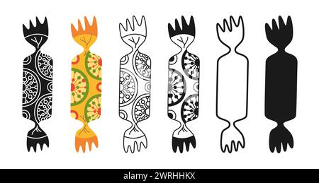 Eingewickelte Süßigkeiten mit Doodle-Cartoon-Ornament-Set. Symbol Bonbon, Stempel Lutscher, Linie Dessert Süßigkeiten Snack Design. Leckerer Zucker, leckeres Essen, kindliche Party. Gewickelte Bonbon-Vektor-Illustration Stock Vektor