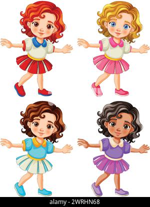 Vier Zeichentrickmädchen mit verschiedenen Frisuren tanzen. Stock Vektor