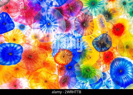 Chihuly Skulptur Glas - Bellagio Casino Fiori di Como Ausstellung von Dale - Blumenblüten Installation in der Hotellobby farbenfrohe Decke Stockfoto