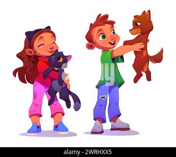Kinderbetreuung Haustiere - Junge hält Hund in Händen und Mädchen umarmt Katze. Zeichentrickvektor-Illustration Satz glücklicher kleiner Kinder spielen mit Haustieren. Freundschaft und Liebe zwischen Kleinkindern und Haustieren. Stock Vektor