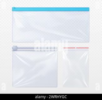 Plastiktasche mit Reißverschluss-Schließfach-Modell. Realistische Vektor-Illustration Set von Schablone für transparenten, leeren Beutel mit Reißverschluss. Tasche aus Nylon. Vinylverpackung mit Schloss zur Aufbewahrung von Lebensmitteln oder Süßigkeiten. Stock Vektor