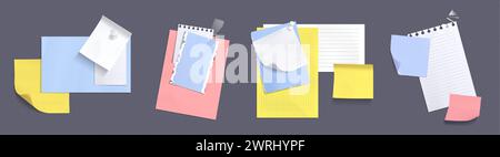 Notizpapier mit Klebeband und Stiften. Weiße und farbenfrohe Notizblock-Seiten und Aufkleber für Speicherbeschriftungen. Realistische Vektorgrafik-Satz von Rahmen für Bulletin-Hinweis. Stock Vektor