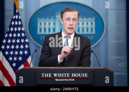 Washington, Usa. März 2024. Jake Sullivan, US-Sicherheitsberater, spricht während einer Pressekonferenz im James S. Brady Press Briefing Room im Weißen Haus in Washington, DC, USA, am Dienstag, den 12. März. 2024. das Weiße Haus kündigte ein Paket von 300 Millionen Dollar an Militärhilfe für die Ukraine an, die jüngsten Bemühungen der Regierung von Biden, die Hilfe für Kiew zu sichern, da der Kongress weiterhin in der Sackgasse ist. Foto: Tom Brenner/Pool/ABACAPRESS.COM Credit: Abaca Press/Alamy Live News Stockfoto