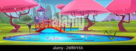Japanischer Stadtpark mit Koi-Fischen und Lotus im Teich, Holzbrücke, rosa blühenden Sakura-Bäumen und Pavillon in traditioneller Form. Karikaturvektor-Illustration der Frühlingslandschaft mit Blütenkirsche. Stock Vektor