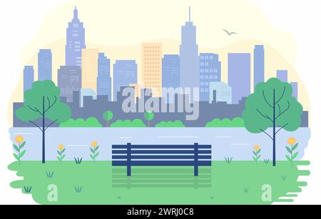 Flache Design-Illustration der Bank im Stadtpark mit Stadtlandschaft in Bright Day Stock Vektor