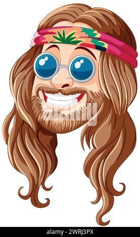Lächelnder Cartoon-Hippie mit Sonnenbrille und Stirnband. Stock Vektor