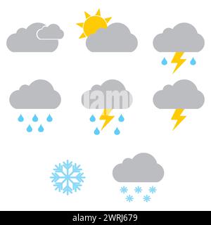 Moderne Wettersymbole. Flache Vektorsymbole auf weißem Hintergrund. Symbole für Regen, Regenbogen, Sonne, heiße und kalte Temperaturen, Winterschnee und Wolken. Stock Vektor