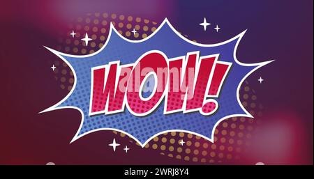 Bild von Retro-Wow-Text über violett leuchtendem Hintergrund Stockfoto