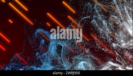 Bild von sich bewegenden leuchtenden Lichtern und Wellen über schwarzem Hintergrund Stockfoto