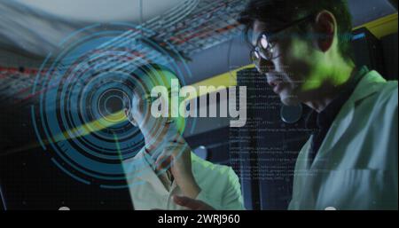 Bild von Daten über verschiedene männliche und weibliche IT-Ingenieure mit Laptop-Server Stockfoto