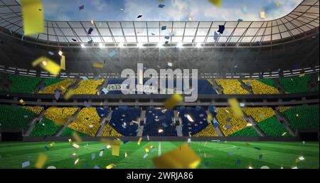 Bild der Flagge brasiliens über Konfetti im Stadion Stockfoto
