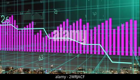 Bild von rosafarbenen und blauen Diagrammen, die Daten im Raster über der Stadtlandschaft verarbeiten Stockfoto