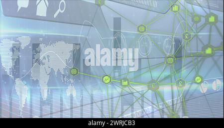 Bild einer Weltkarte mit einem Netz von Verbindungen und technologischen Symbolen über rollenden Diagrammen Stockfoto