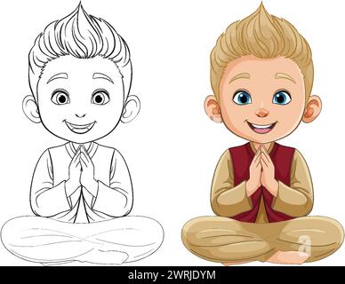 Bunte Linienkunst eines Jungen in Meditationspose Stock Vektor