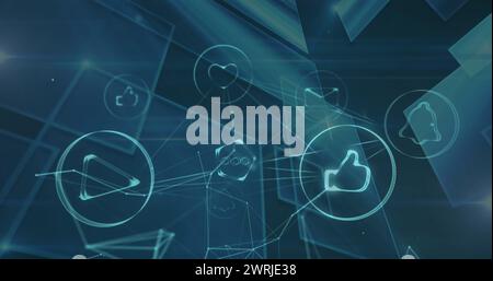 Abbildung des Netzwerks von Verbindungen mit Symbolen über Quadraten Stockfoto