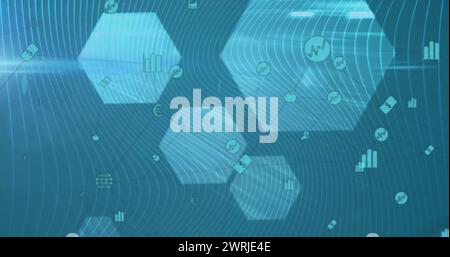 Bild eines Netzwerks von Verbindungen mit Symbolen über blauen Sechsecken Stockfoto