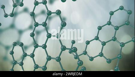 Bild eines 3D-Mikros von Molekülen auf grünem Hintergrund Stockfoto