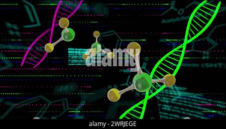 Bild eines 3D-Mikros von Molekülen und dna-Strängen auf schwarzem Hintergrund Stockfoto