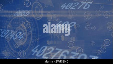 Abbildung der sich ändernden Zahlen und des Scans über digitale Symbole Stockfoto
