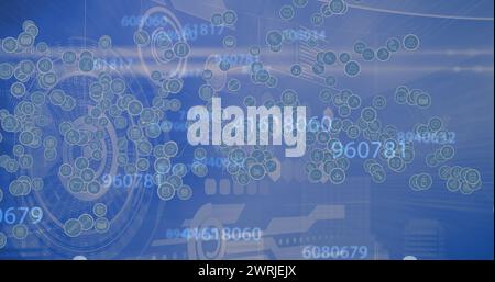 Bild von digitalen Symbolen, sich ändernden Zahlen und Scans auf blauem Hintergrund Stockfoto