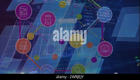 Abbildung des Netzwerks von Verbindungen mit digitalen Symbolen und Datenverarbeitung Stockfoto