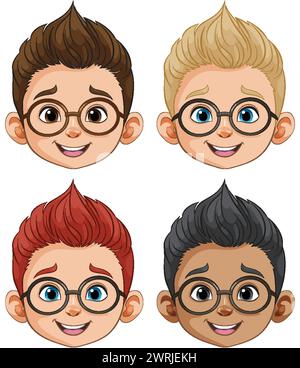 Vier Comic-Jungs mit verschiedenen Frisuren und Ausdrücken. Stock Vektor
