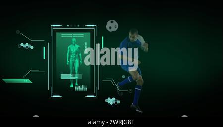 Bild der Datenverarbeitung über männlichen Fußballspielern Stockfoto